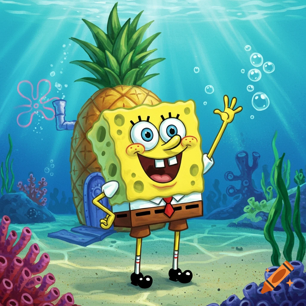 Spongebob Squarepants waves cheerfully in front of his pineapple house in an underwater scene with coral and bubbles.