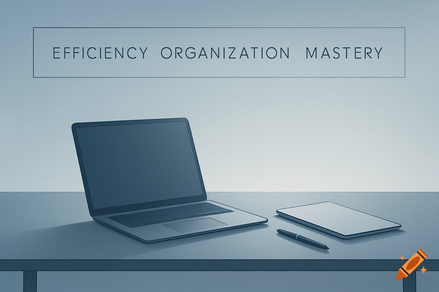 Minimalist image of a laptop, tablet, and pen on a desk with the text 'EFFICIENCY ORGANIZATION MASTERY'.