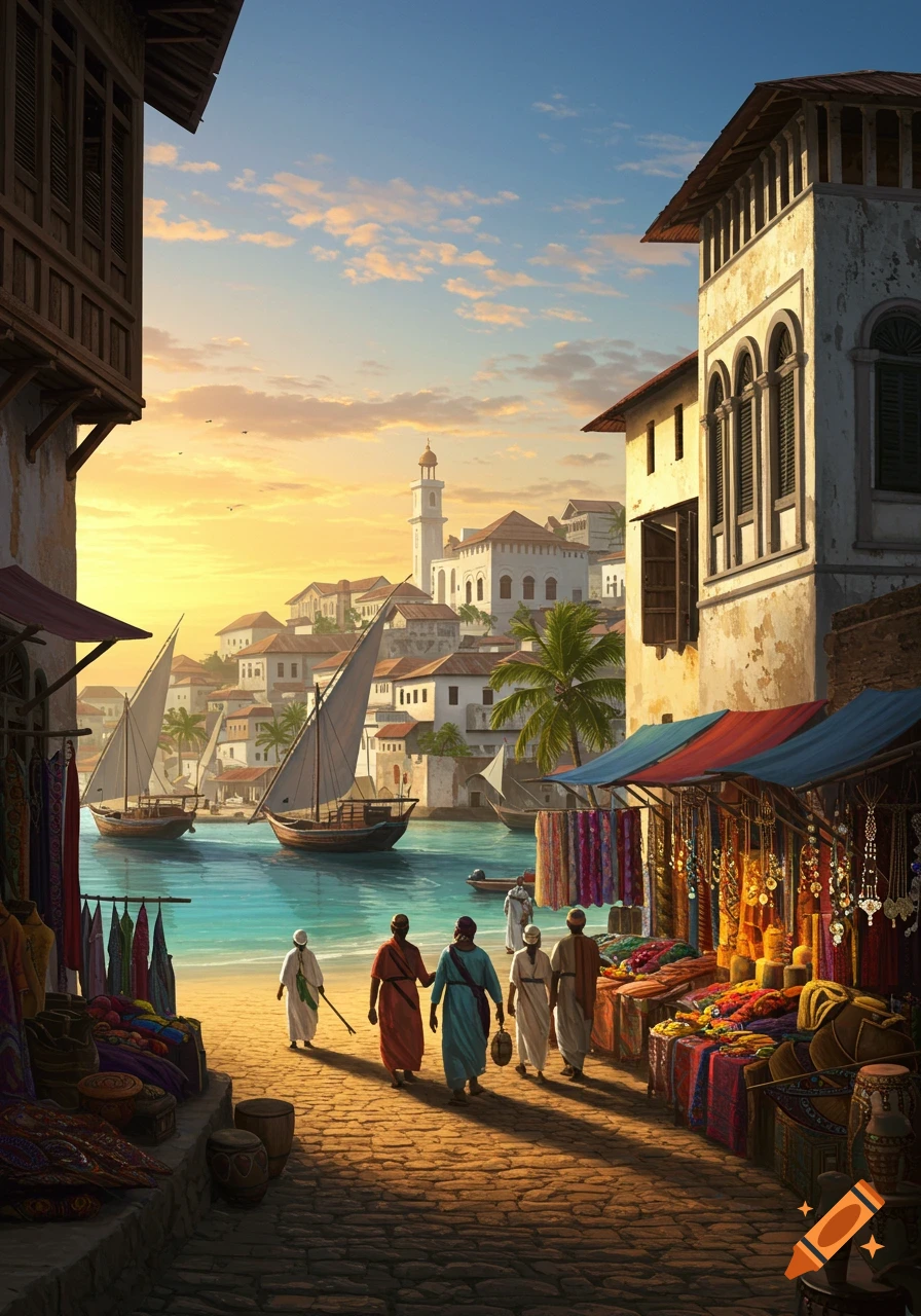 A vibrant market street in a coastal city at sunset, with traditional boats on the turquoise water and people walking on cobblestones.