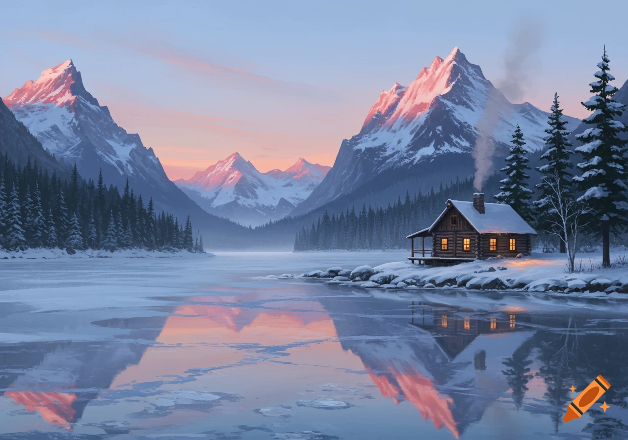 A picturesque digital painting of a cozy log cabin next to a frozen lake, with snow-covered mountains reflecting a pastel sky at dawn or dusk.