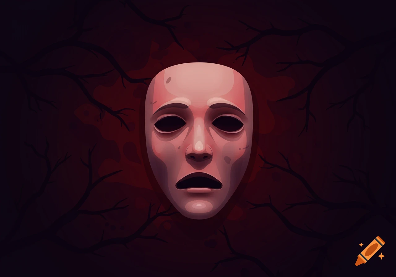 A pale, mask-like face with black eye sockets and a gaping mouth against a dark red background with gnarled branches, in an illustration style.