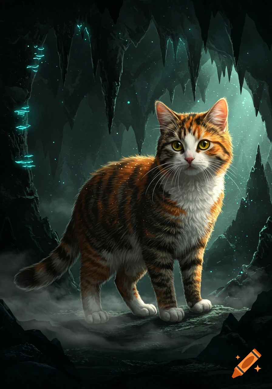 A calico cat stands in a dark, glowing fantasy cave with stalactites and bioluminescent plants.