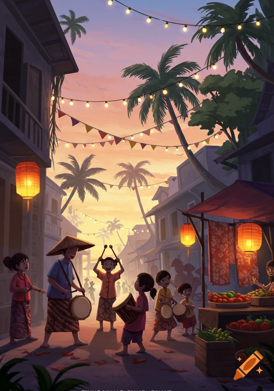 Illustration of a lively street market at sunset with people drumming and lanterns, decorated with string lights and banners.