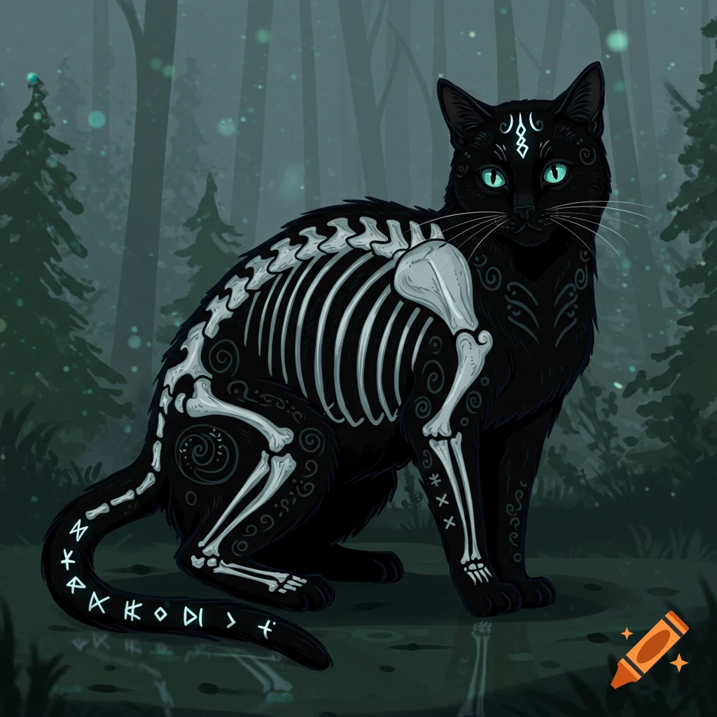 A stylized black cat with glowing green eyes and a visible skeleton on its side, adorned with runes, stands in a dark, misty forest.