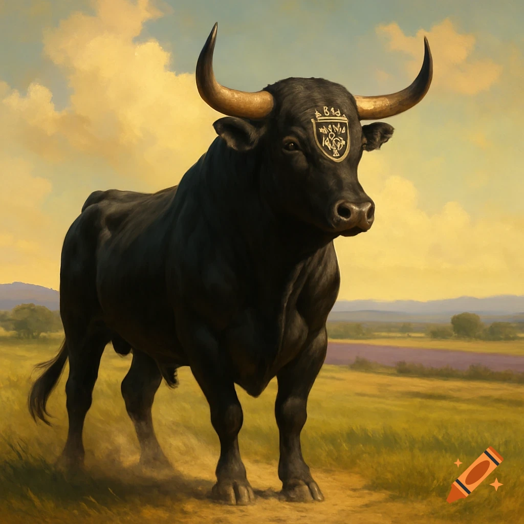 A majestic black bull with golden horns stands in a sunlit grassy field with distant hills under a cloudy sky, in a painterly style.