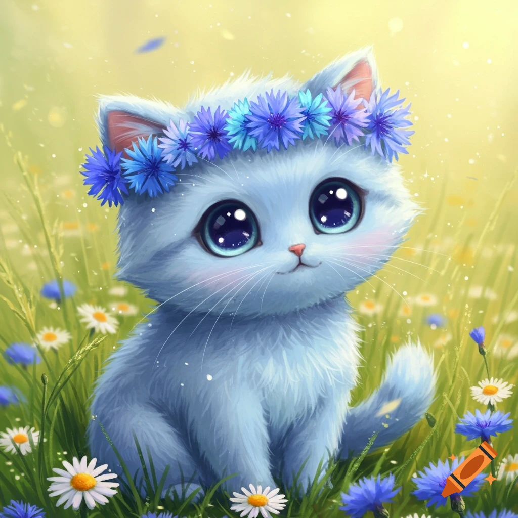 A cute blue kawaii cat with large sparkly eyes wearing a wreath of blue cornflowers, sitting in a field of daisies.