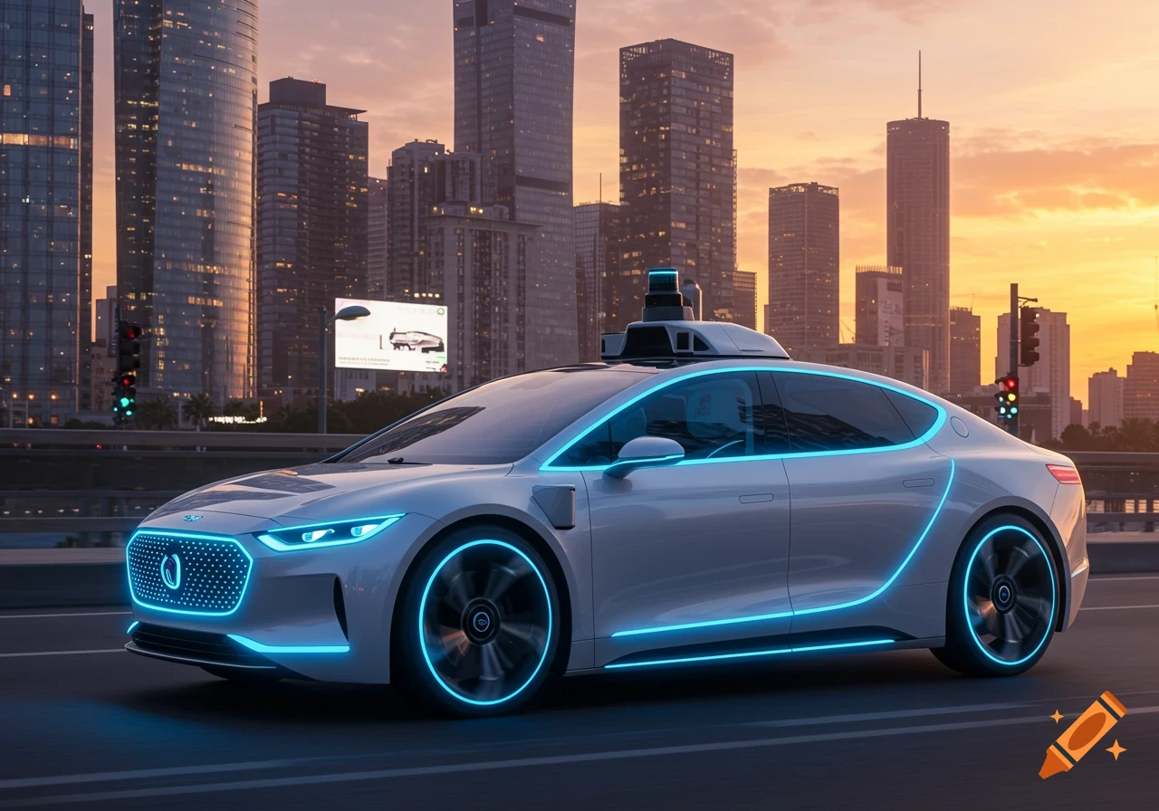 A white futuristic autonomous car with neon blue lights drives through a modern city at sunset.