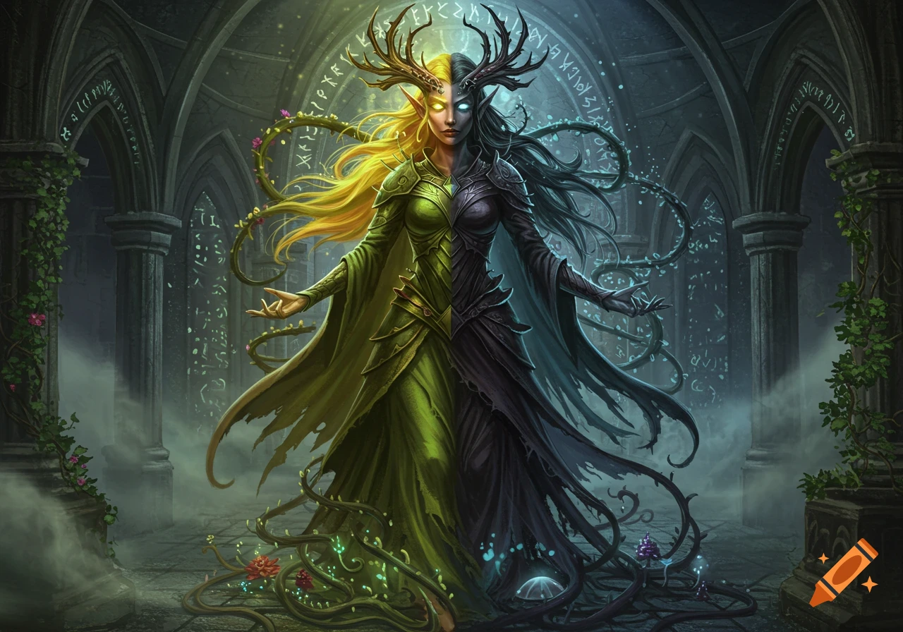 A fantasy elven goddess, half vibrant green and alive, half dark and decaying, stands in an ancient stone hall surrounded by glowing vines and runes.