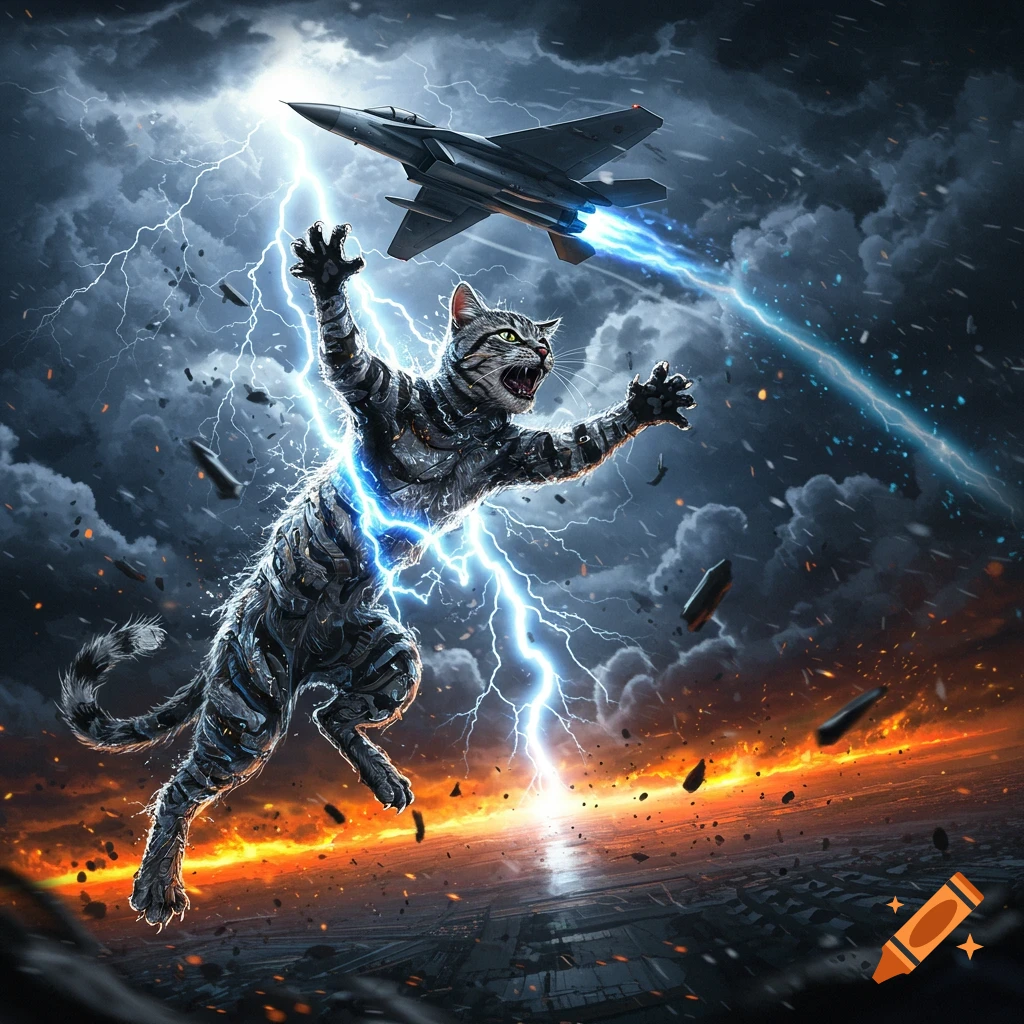 An armored cat, surrounded by lightning, battles a jet plane flying through a stormy sky above a fiery city in a dramatic fantasy style.