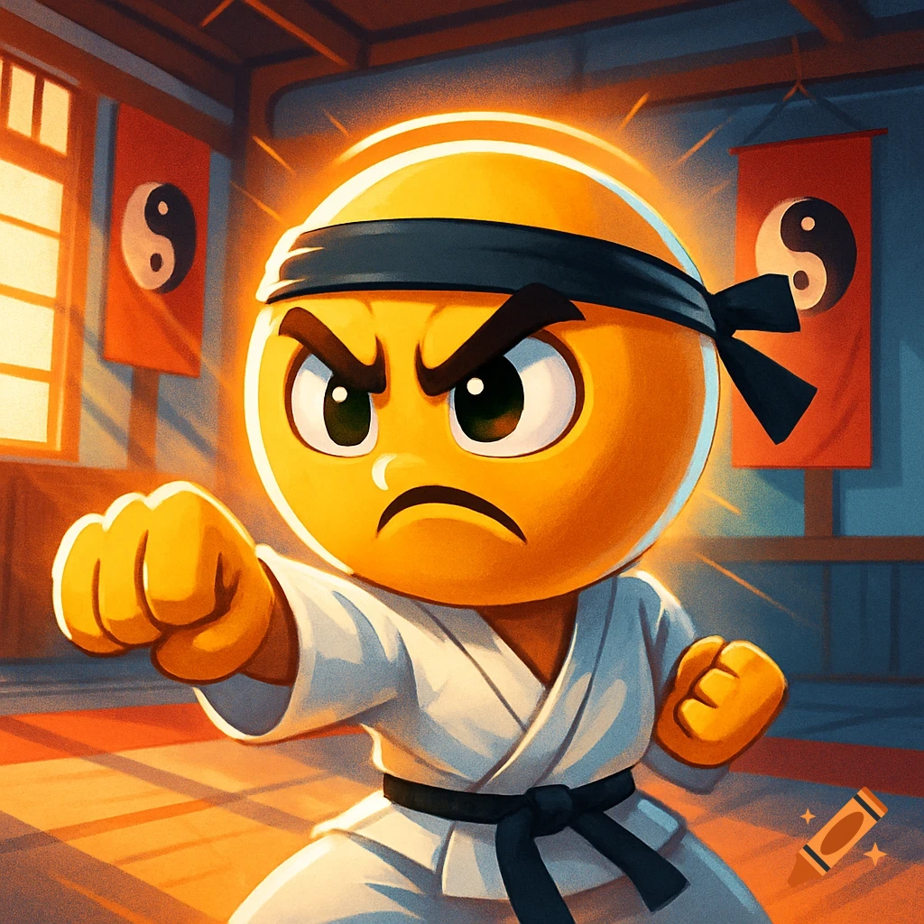 A cartoon angry yellow emoji in a karate gi and black belt, punching forward in a dojo with Yin-Yang banners.
