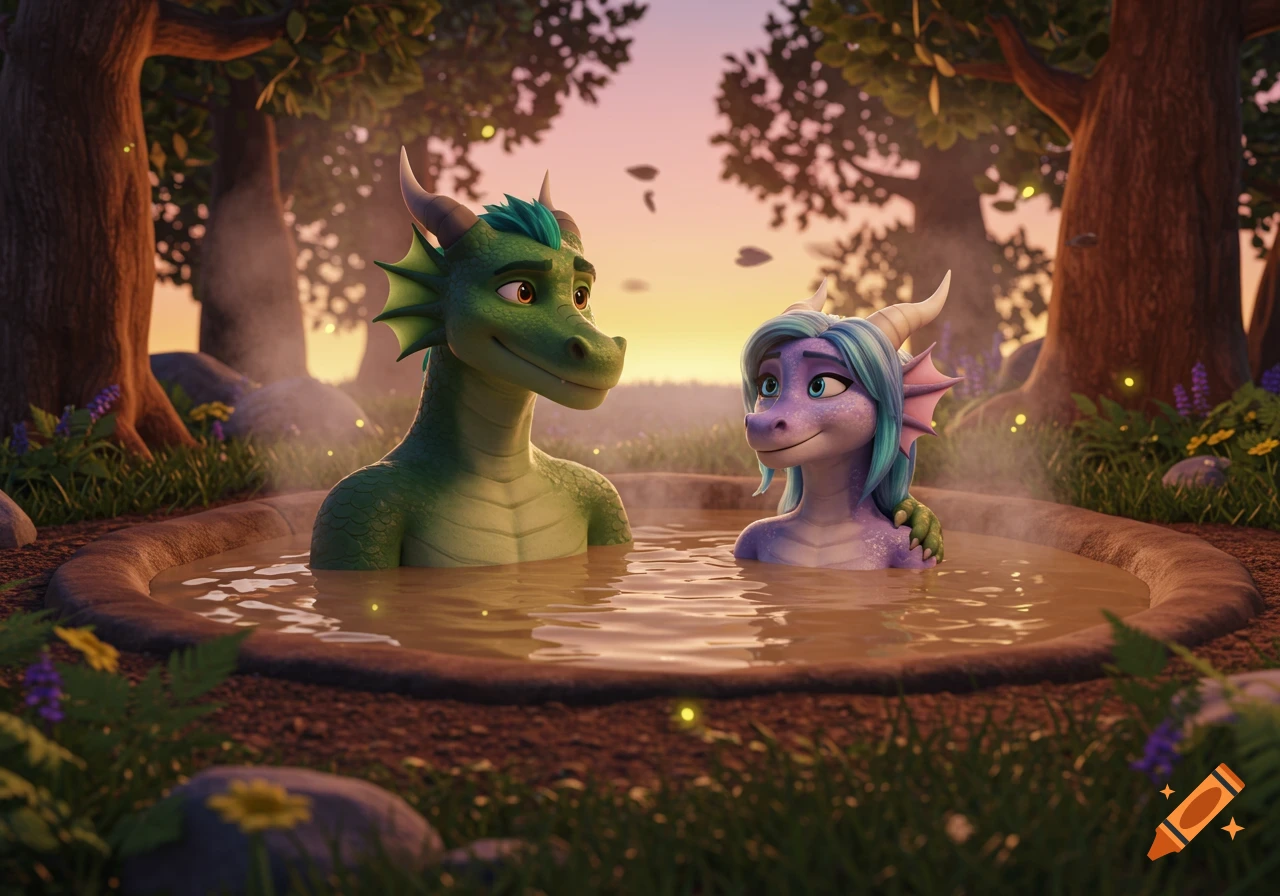 A green male dragon and a purple female dragon relax happily in a mud hot tub in a forest at sunset, 3D animation.