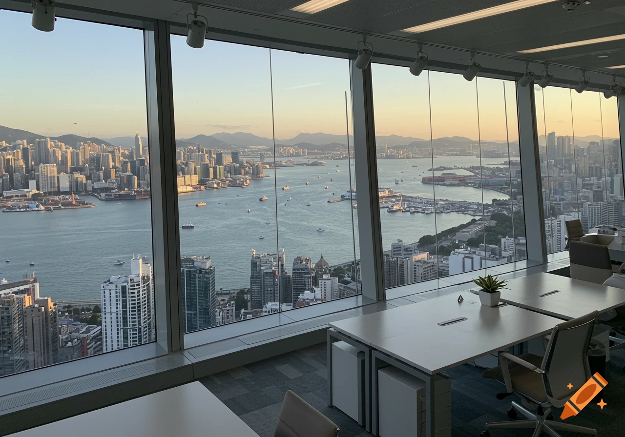 A modern office in a skyscraper overlooks a bustling city harbor and skyline at sunset.