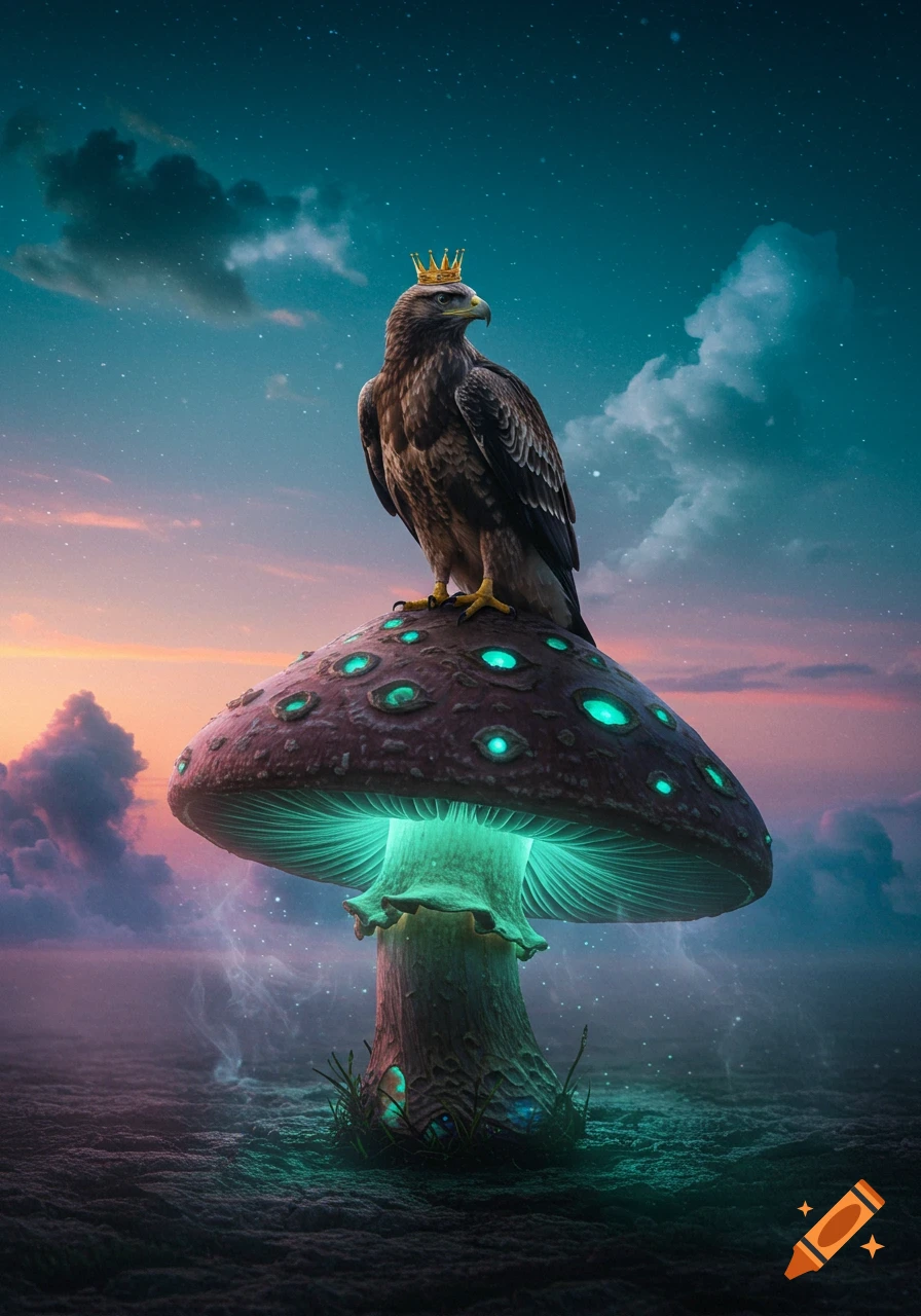 An eagle wearing a golden crown sits majestically on a glowing, bioluminescent mushroom against a starry twilight sky.