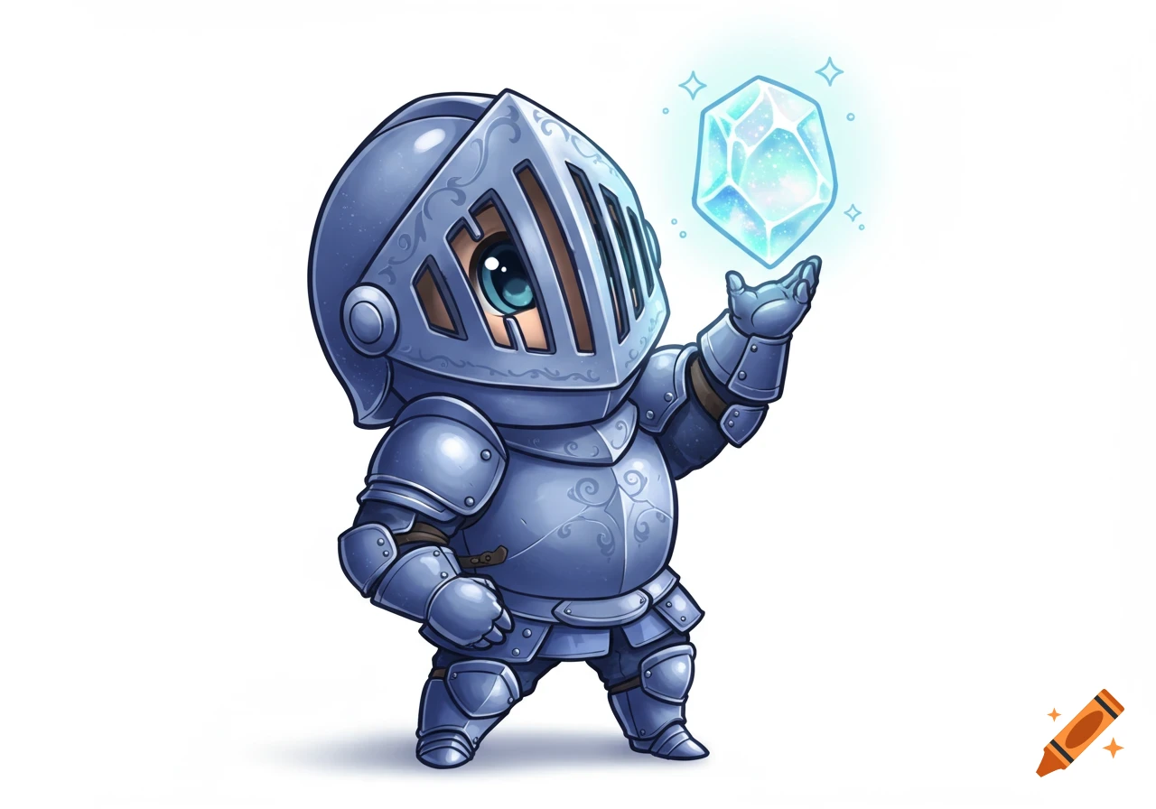 A cute chibi knight in blue armor holds a glowing blue crystal, depicted in a Disney-like cartoon style on a white background.