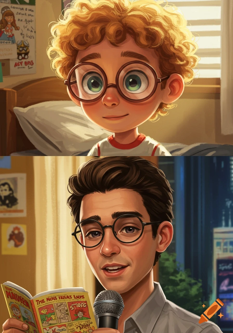 A split cartoon image: top shows a boy with curly hair and glasses in a bedroom; bottom shows the same man, older, with glasses, holding a microphone and a comic book in a city setting.