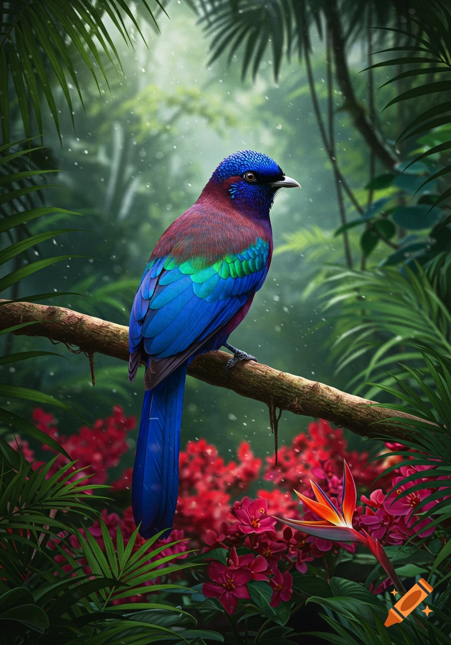 A vibrant blue, purple, and green bird perches on a branch in a lush, green tropical jungle with red flowers.