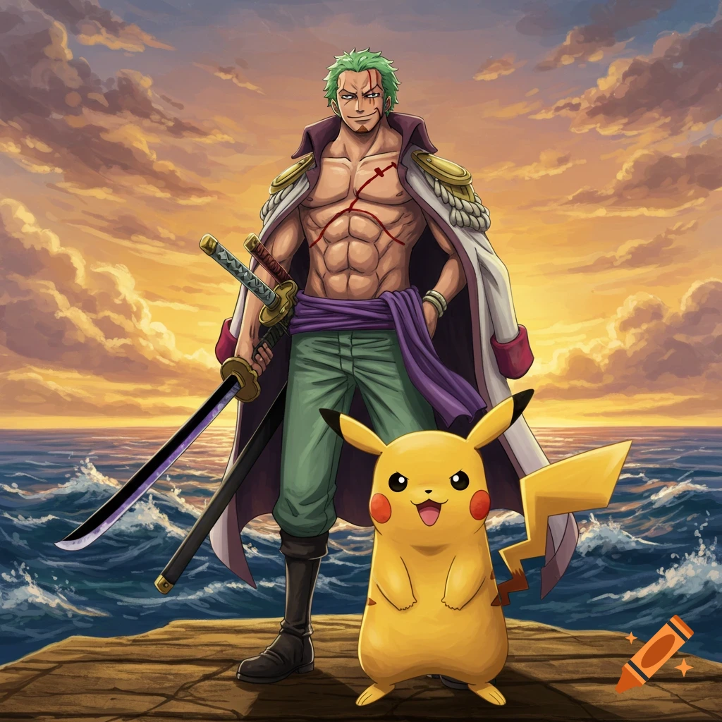 Anime style illustration of Zoro from One Piece, shirtless with katanas, standing next to Pikachu on a dock at sunset.