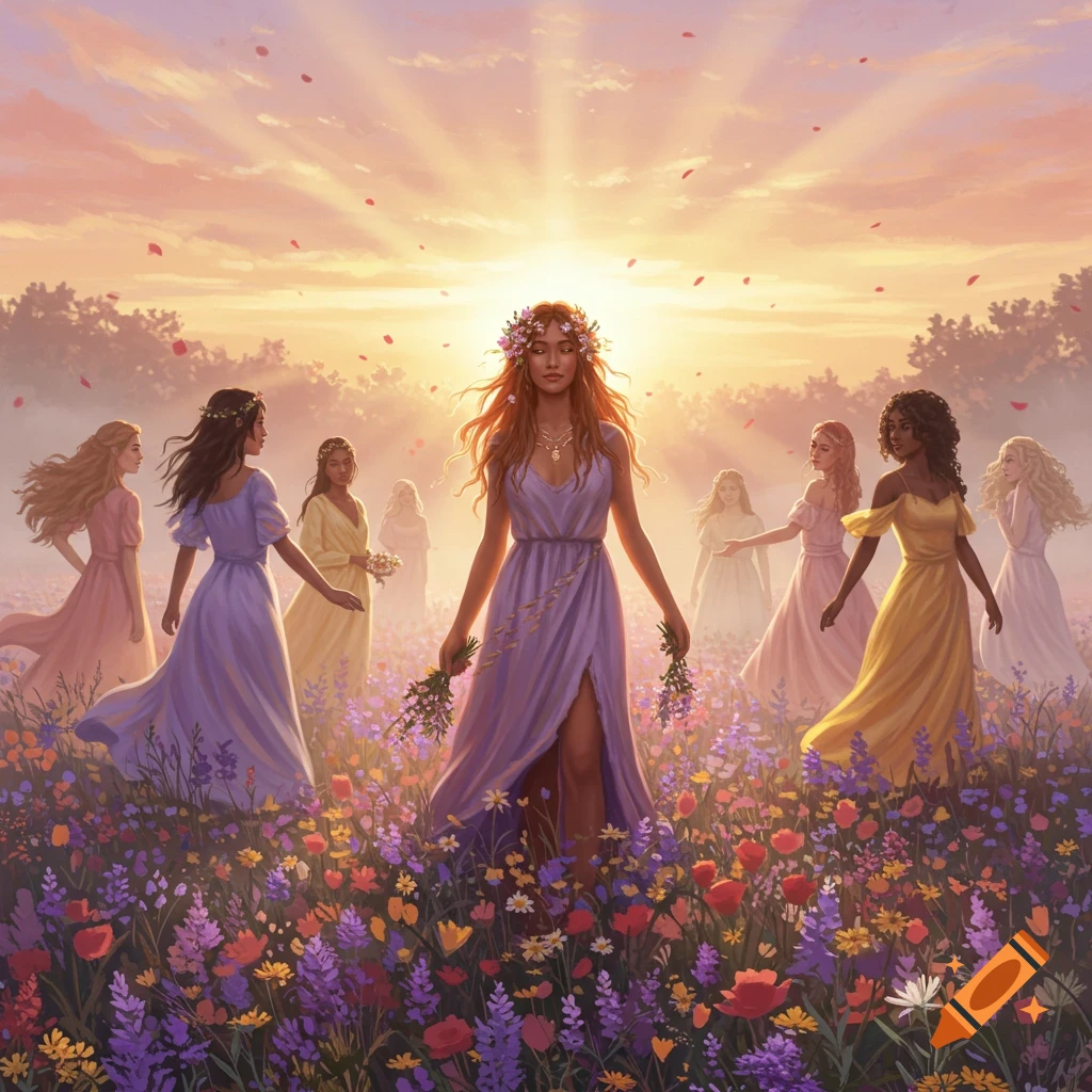 A group of women in flowing gowns gather in a vibrant wildflower meadow at sunset, bathed in golden light.