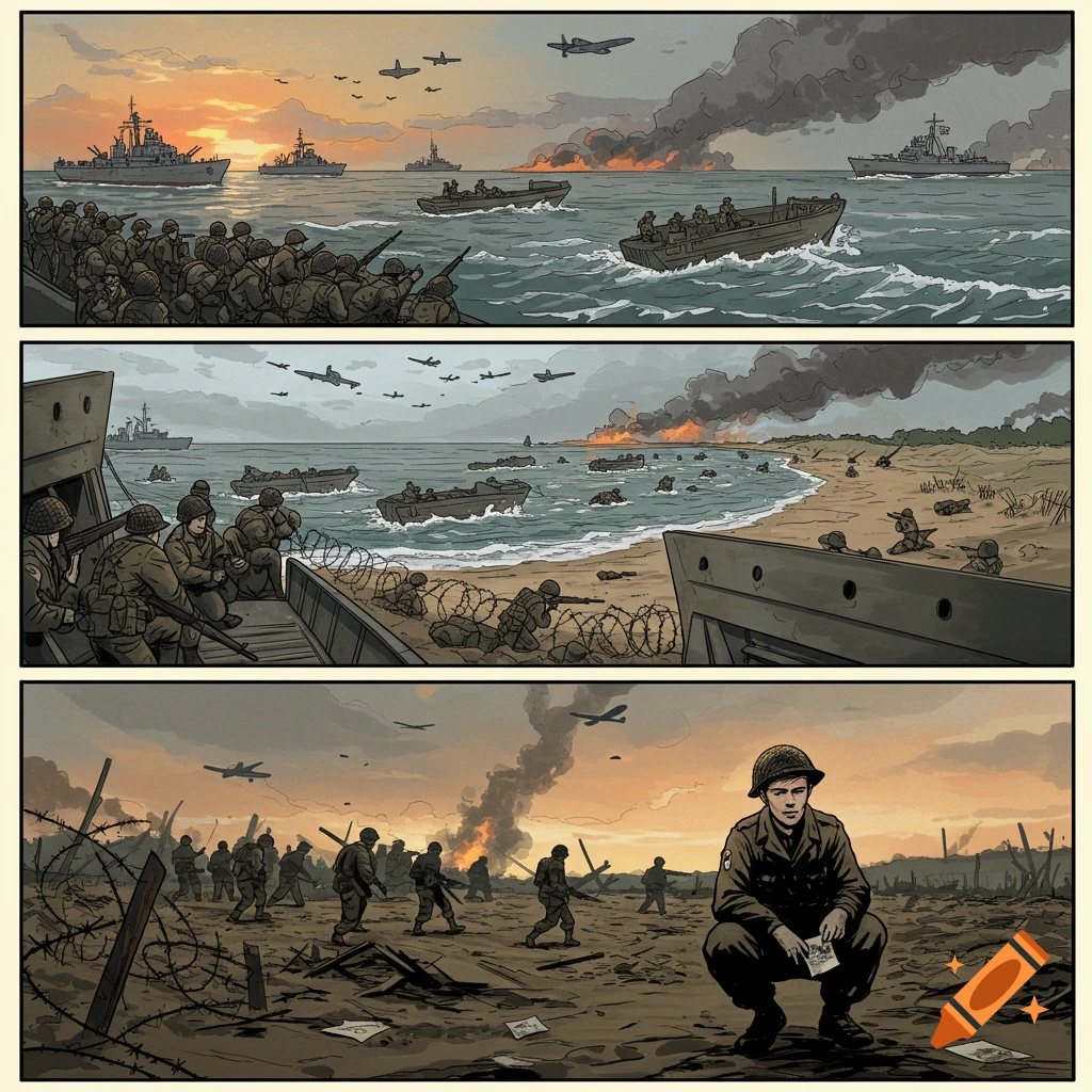 A three-panel comic strip illustrating D-Day, showing soldiers landing on a beach with warships and planes overhead, and a lone soldier on the battle-scarred shore.
