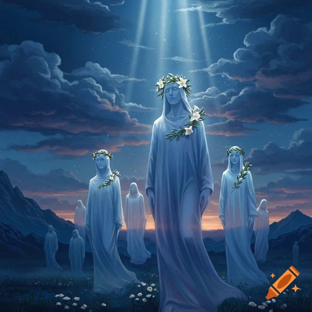 Ethereal, robed figures with floral wreaths stand in a field of white flowers under a dramatic, starry night sky with moonbeams.