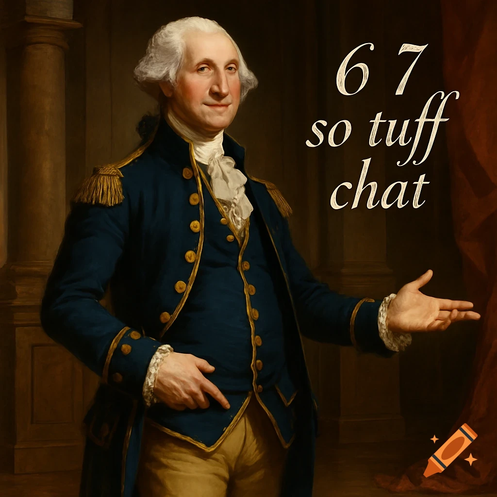 A painting of George Washington in a blue military coat, gesturing with his hands, with the text "6 7 so tuff chat" beside him.