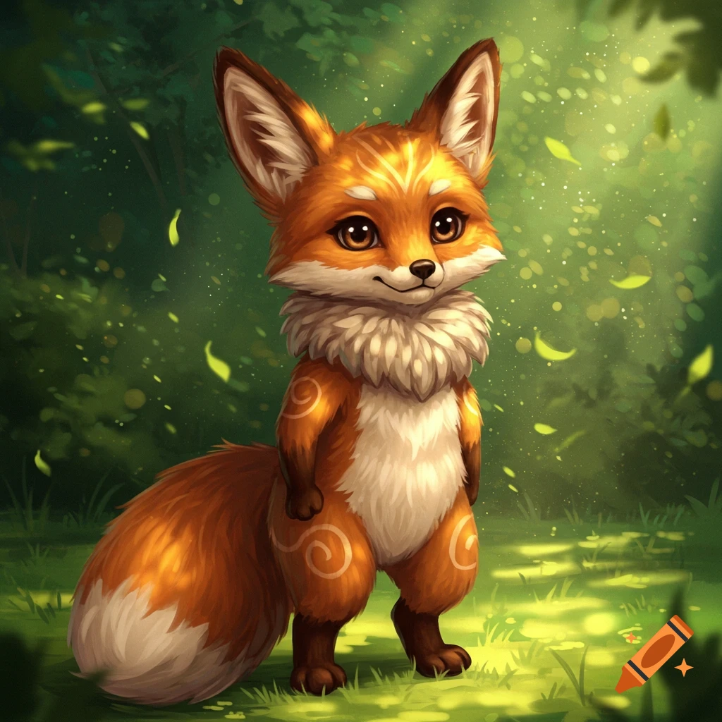 A cute, orange and white cartoon fox fursona with big ears and swirls, standing in a sunlit forest.