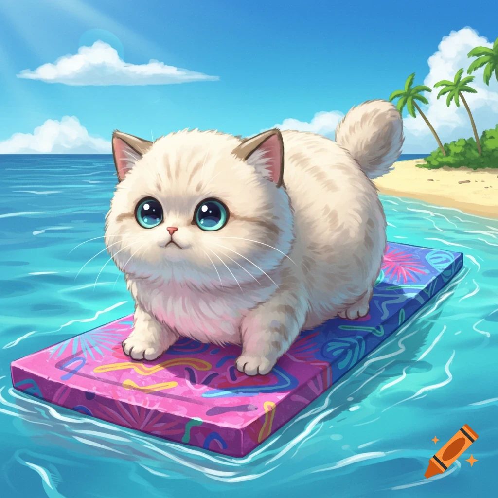 A cute, fluffy white cat with big blue eyes floats on a pink and blue foam board in the ocean by a sunny beach with palm trees.