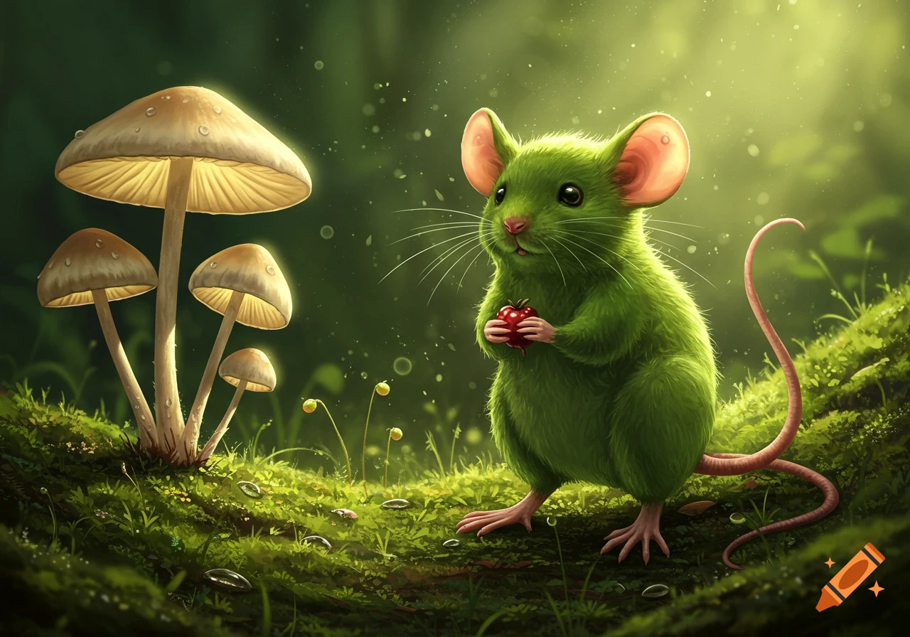 A vibrant green mouse holds a red berry next to glowing mushrooms in a magical, mossy forest.