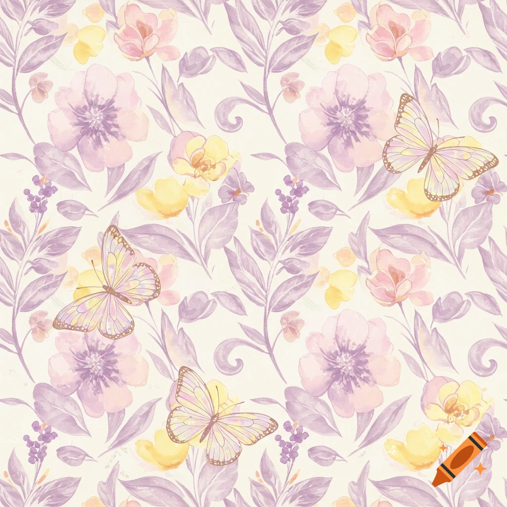 Seamless watercolor floral pattern with purple and yellow flowers, leaves, and pastel butterflies on a cream background.
