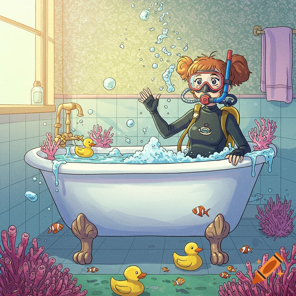 Cartoon girl in a wetsuit and diving gear waves from a bubble-filled bathtub decorated with coral, rubber ducks, and fish.