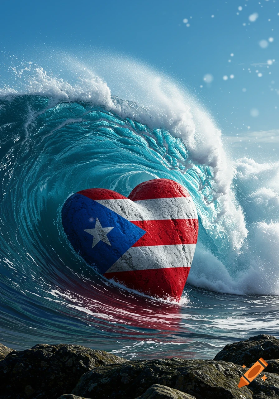 A heart-shaped rock displaying the Puerto Rico flag is hit by a powerful blue ocean wave, with foreground rocks under a clear sky.