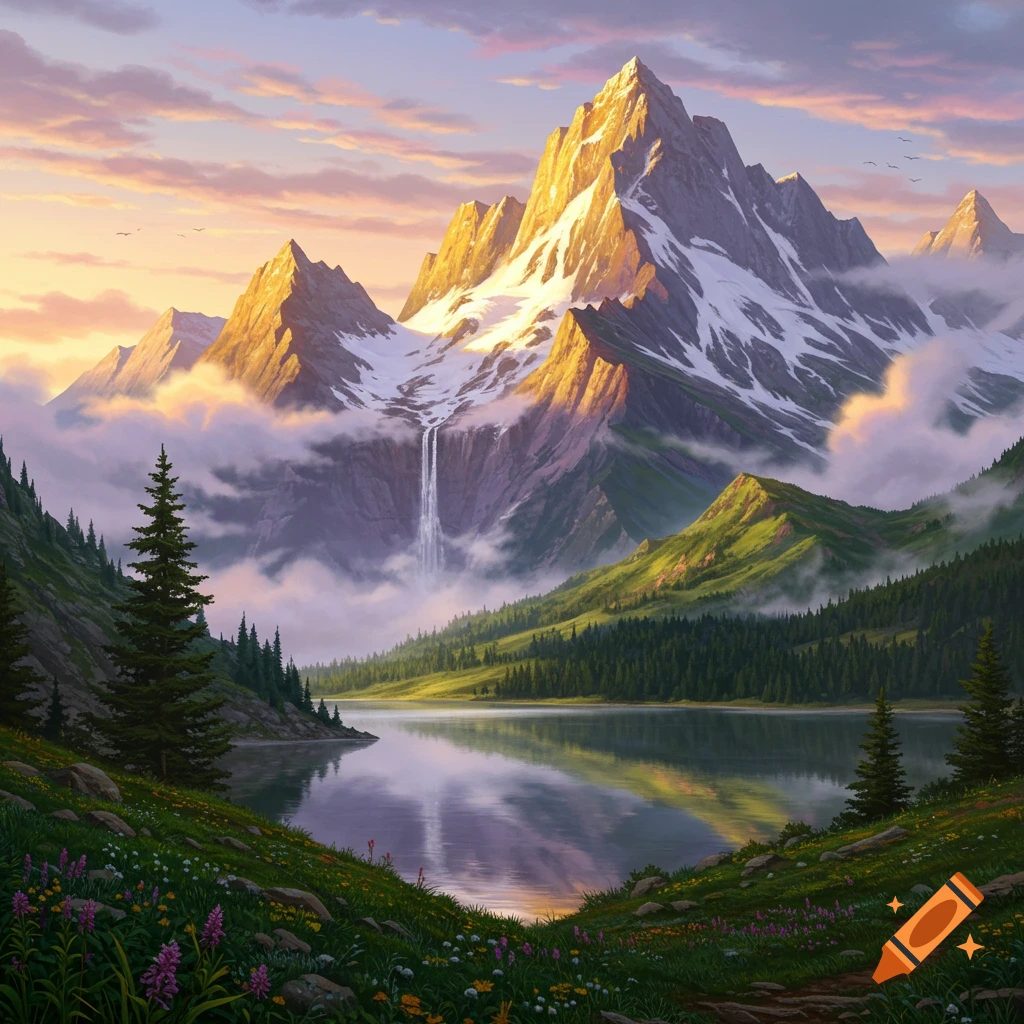 A beautiful, serene mountain landscape at sunset with a snow-capped peak, a waterfall, a still lake, and lush green forests.