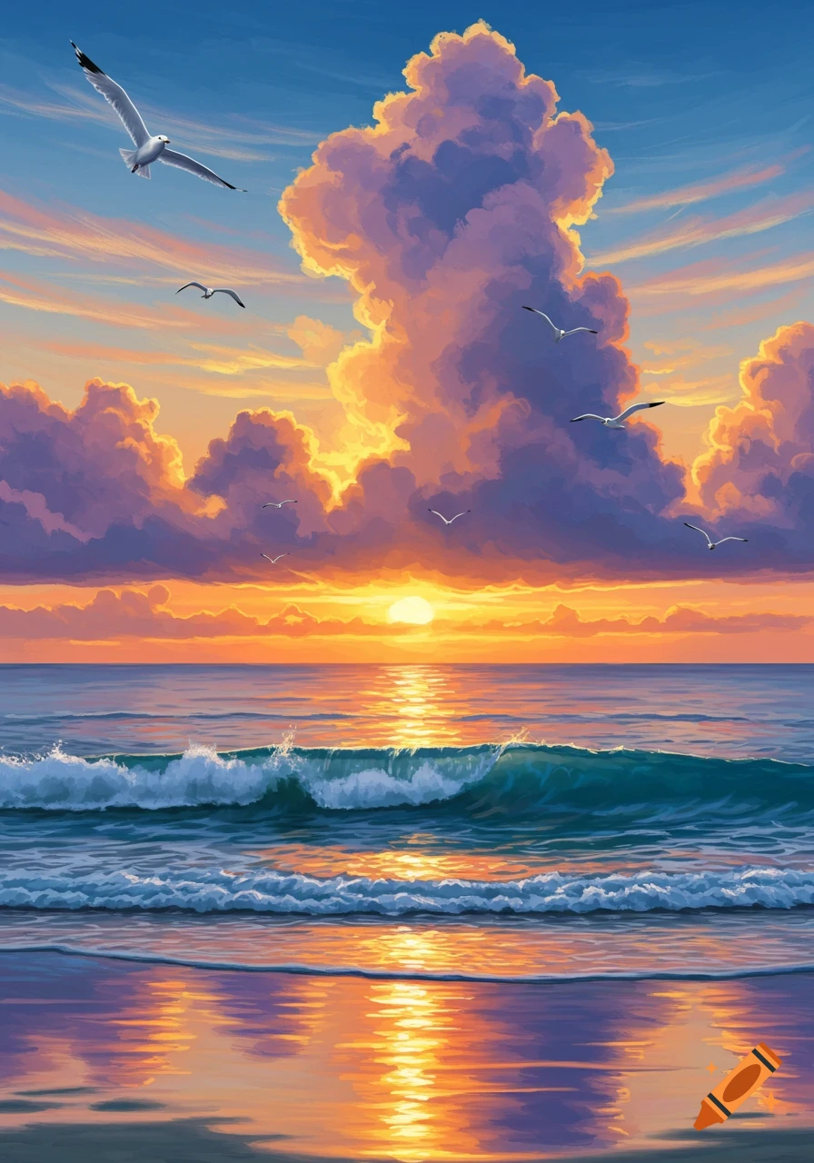 Vibrant painterly seascape at sunset with orange clouds, a shining sun over the ocean, rolling waves, and flying seagulls.