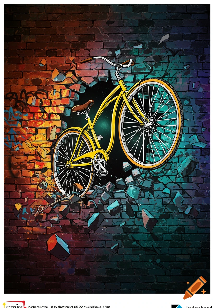 A bright yellow bicycle bursts through a brick wall covered in vibrant graffiti art, stylized illustration.