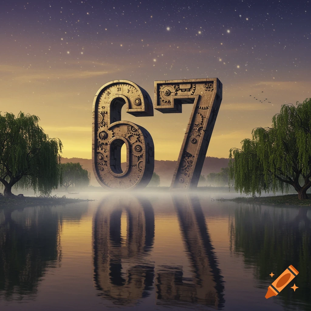 Large steampunk-style numbers 67 stand in a misty lake, reflecting in the water, under a starry sunset sky with willow trees.