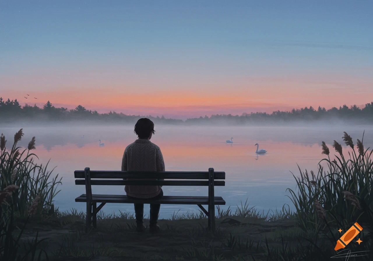 Digital painting of a person sitting on a bench, looking at a misty lake with swans at dawn or dusk.