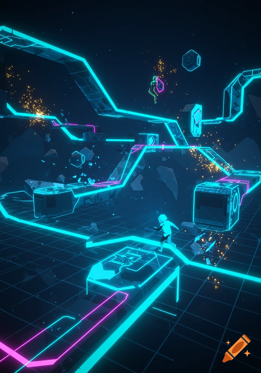 A neon-lit futuristic game level with glowing blue and pink paths, geometric platforms, and small abstract figures.