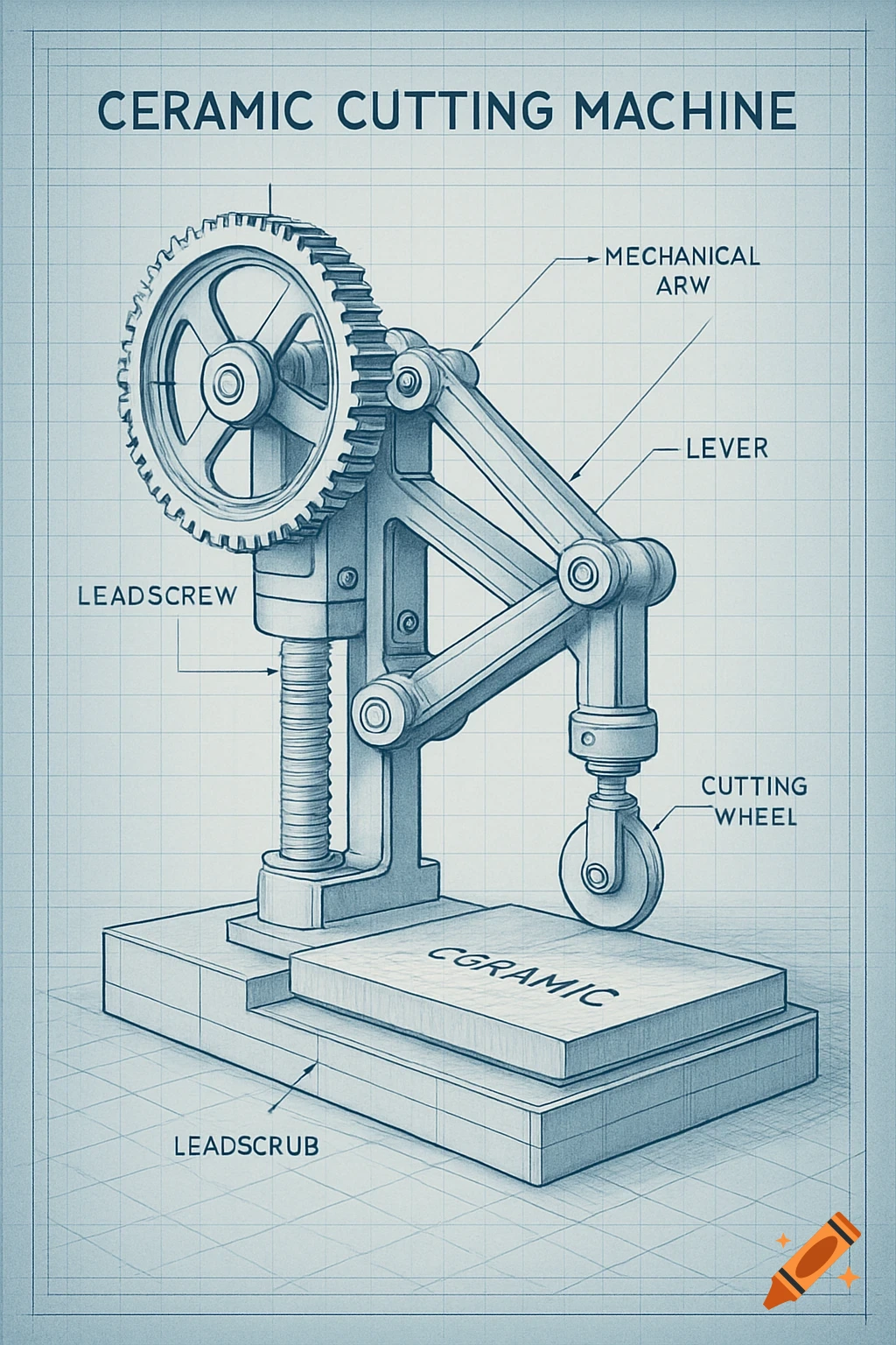 A blueprint style diagram of a ceramic cutting machine with labeled parts like a gear, lever, leadscrew, and cutting wheel.
