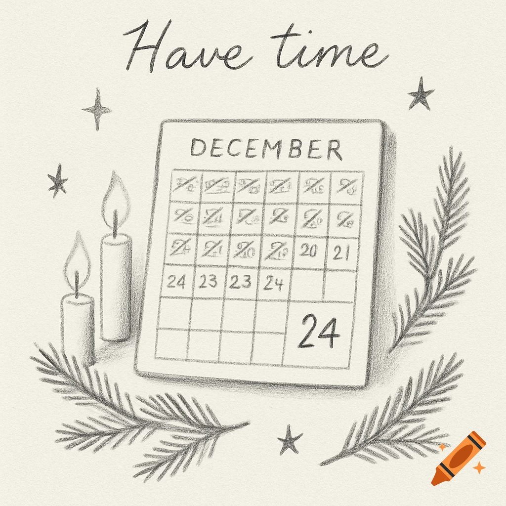 A black and white pencil drawing of a December calendar, two candles, pine branches, and stars, with 'Have time' written above. Most dates are crossed out, except for '24'.