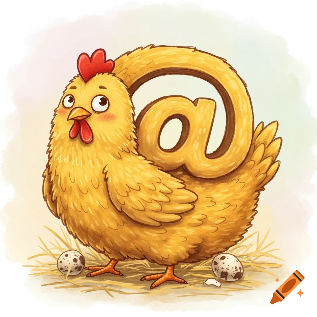 Cartoon illustration of a yellow chicken with an '@' symbol forming its back, standing on straw next to speckled eggs.