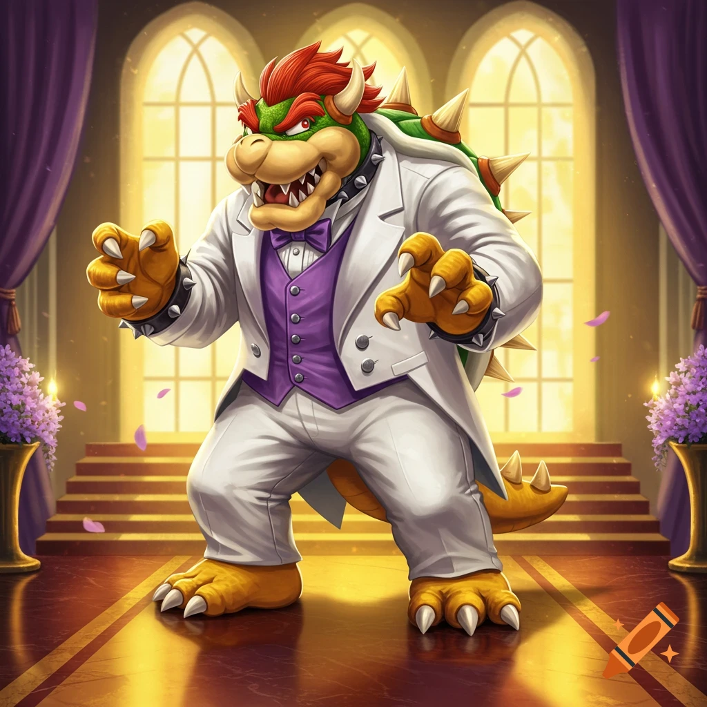 Bowser in a white dinner jacket and purple waistcoat, standing in a grand hall.