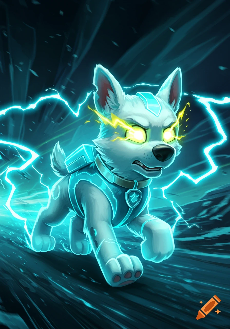 A cartoon white dog with glowing yellow lightning bolt eyes and cyan electric armor runs fast, surrounded by blue lightning.