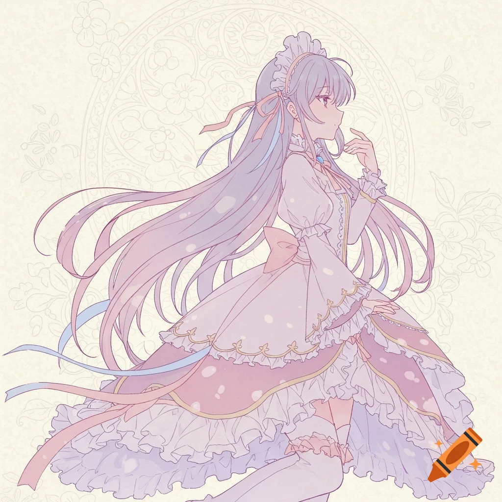An anime girl with long, flowing lavender and pink hair, wearing a frilly white and pink lolita dress, in profile, against a subtle patterned background.