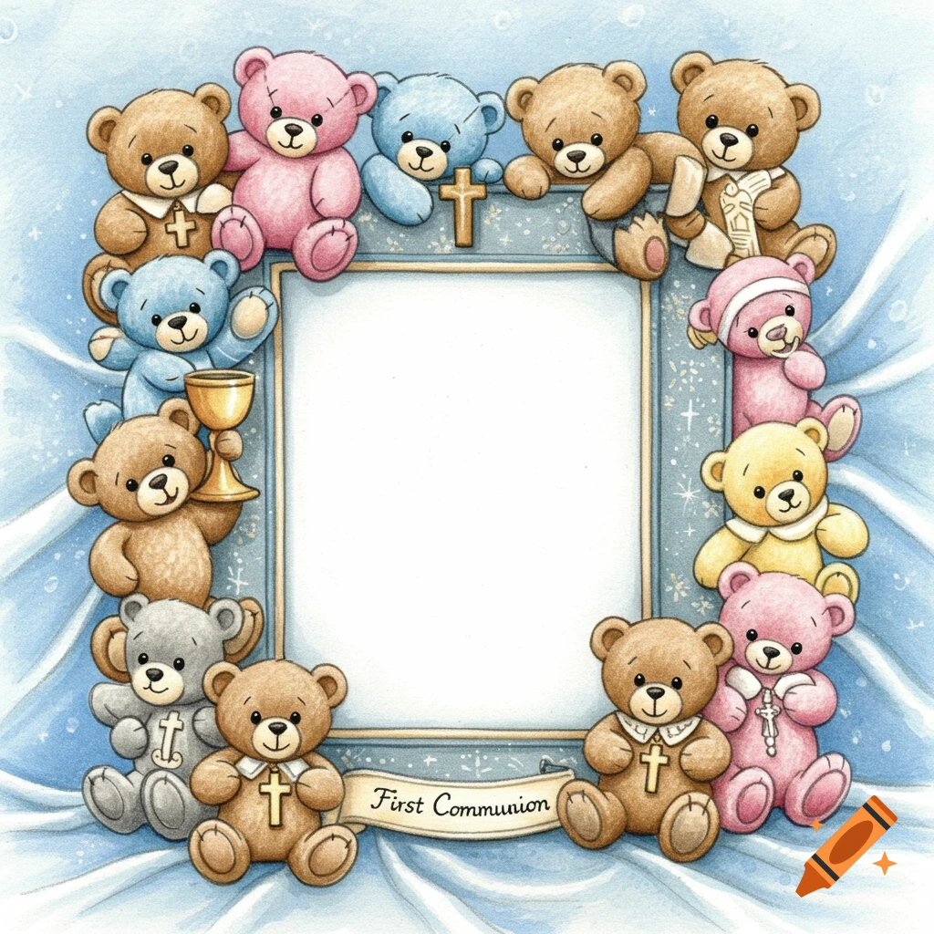 Watercolor illustration of colorful teddy bears surrounding a white frame, with some bears holding crosses and a chalice, and a banner reading 'First Communion'.