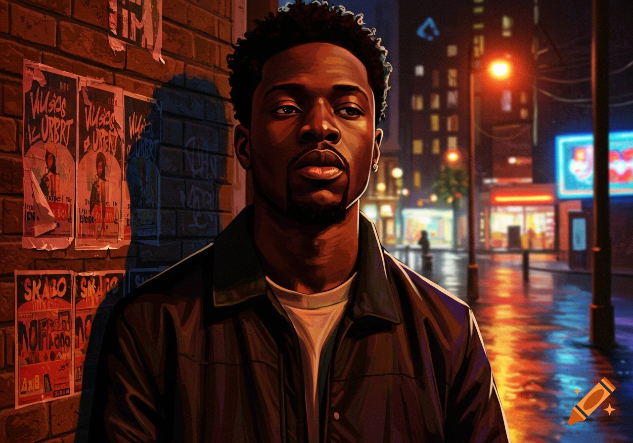 Digital painting of a Black man with a beard and curly hair, standing against a brick wall with posters in a neon-lit city street at night.