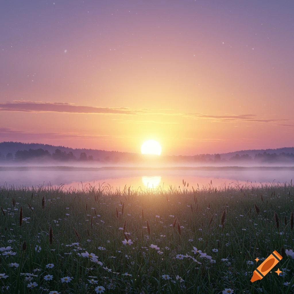 A serene sunrise over a misty lake with a field of grass and white flowers in the foreground, and distant trees under a purple and orange sky.