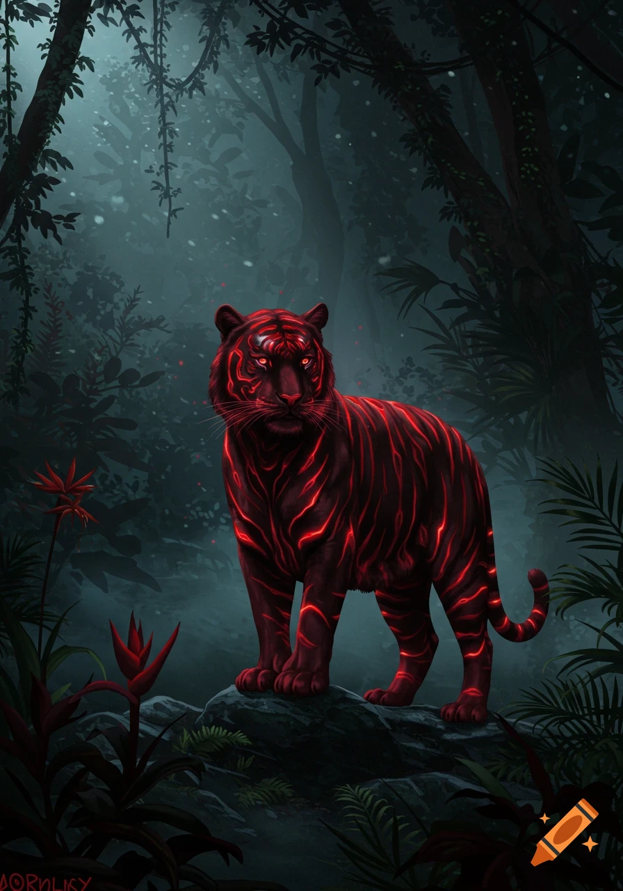 A black tiger with glowing red stripes stands on a rock in a dark, misty jungle with red foliage.