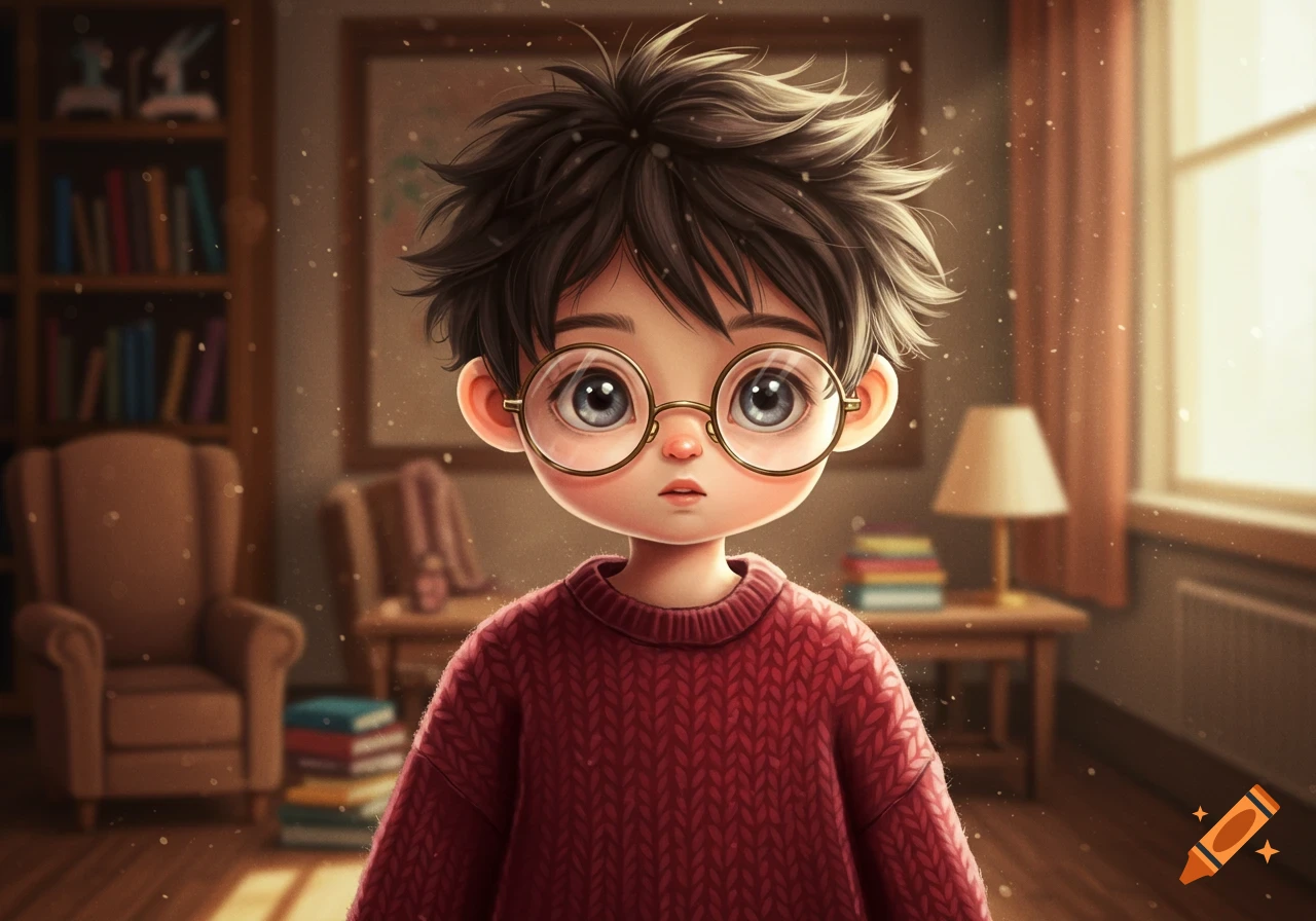 A stylized illustration of a cute dark-haired boy with large round glasses and a red cable-knit sweater, in a cozy room.
