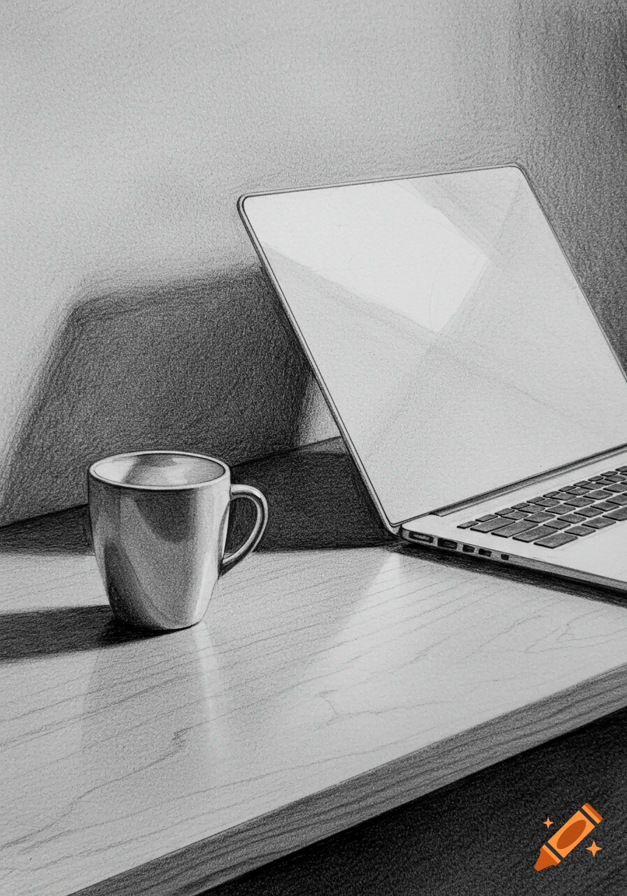 A black and white pencil drawing of a cup and a laptop on a wooden desk, with strong shadows and perspective.