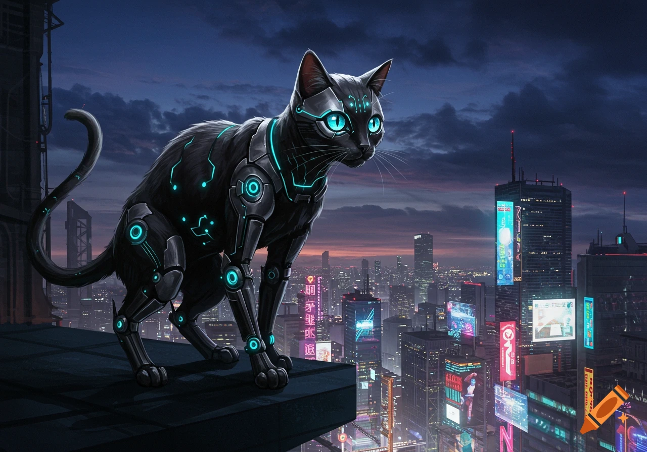 A sleek black cyborg cat with glowing blue eyes and neon teal accents perches on a skyscraper ledge, overlooking a sprawling cyberpunk city at dusk.